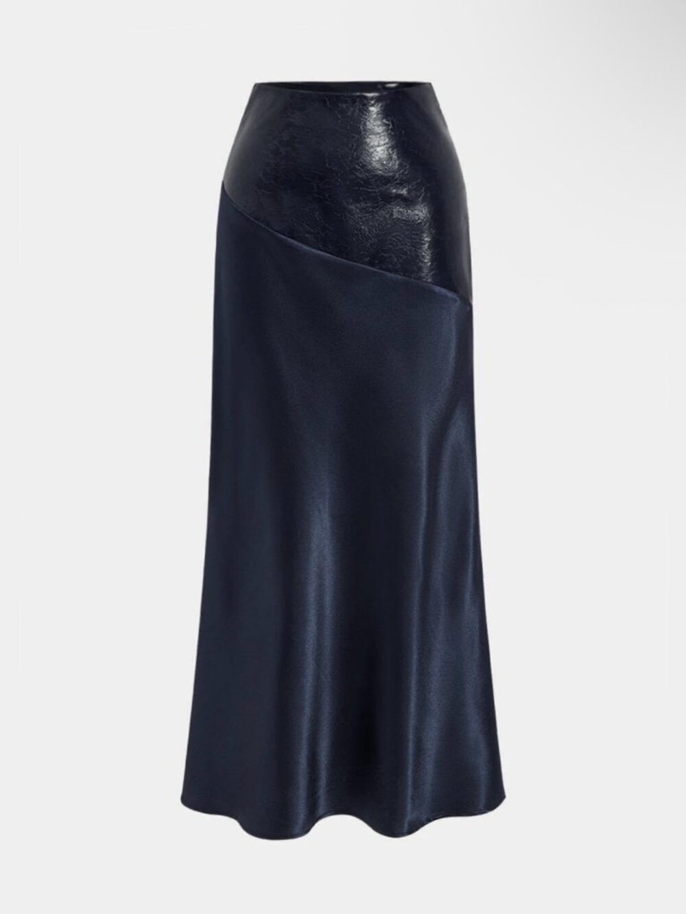 Commense Black Faux Leather Panel Asymmetric Satin Maxi Skirt - Medium